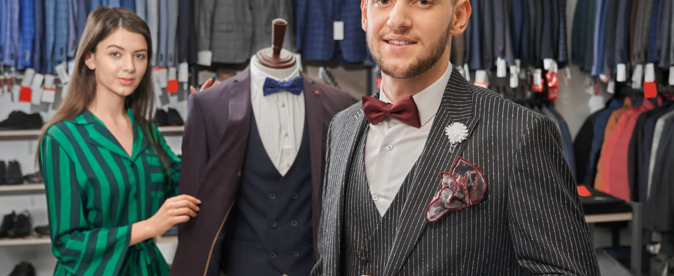 An image of two people in a custom clothing shop - learn how you can build a strong customer base as a Pearce Bespoke owner.