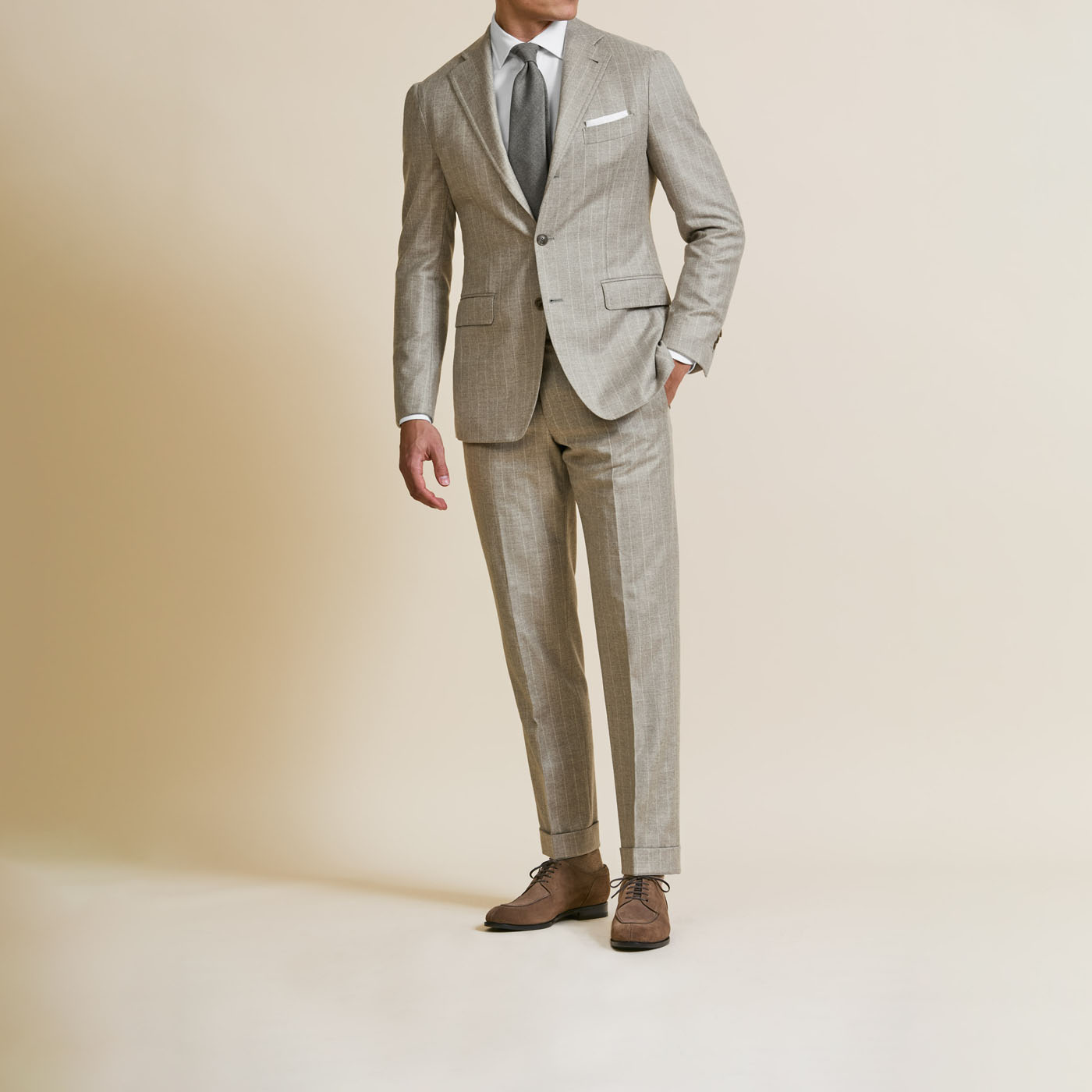 A light, double-breasted suit from Pearce Bespoke Greater Syracuse.