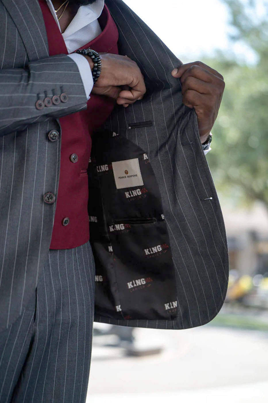 An image that shows the inside of a custom suit from Pearce Bespoke New Orleans, LA.