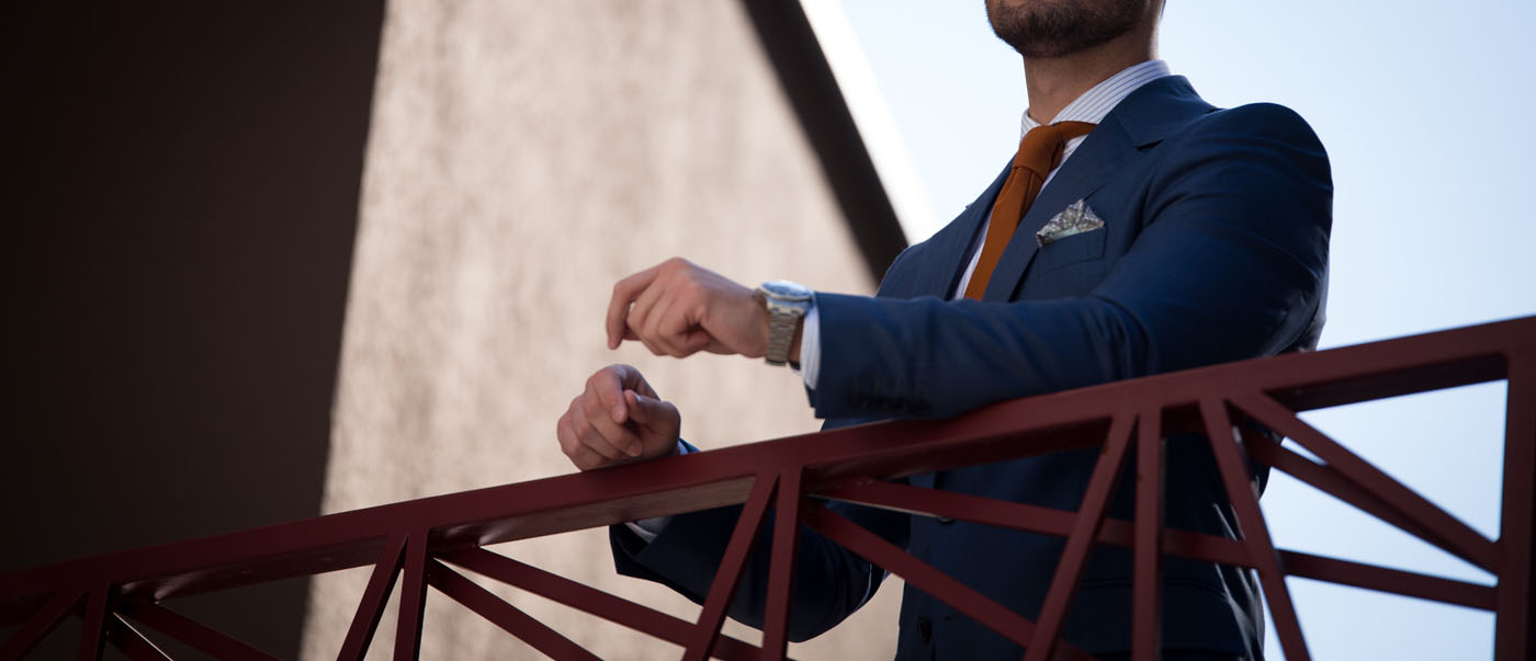 A man in a custome suit in New Orleans, LA. Join the team at Pearce Bespoke today.